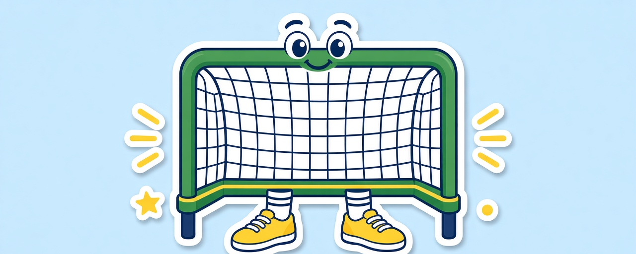 Goalie — a friendly soccer goal mascot in yellow sneakers